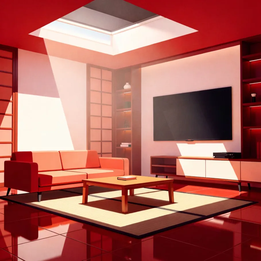 A modern interior showing controlled daylight through skylight blinds.